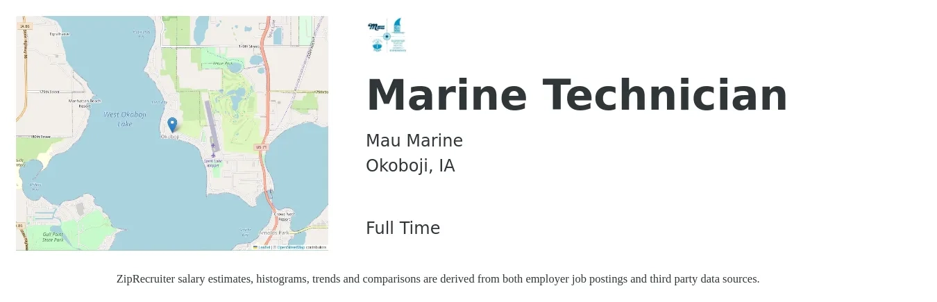 Mau Marine job posting for a Marine Technician in Okoboji, IA with a salary of $20 to $28 Hourly with a map of Okoboji location.