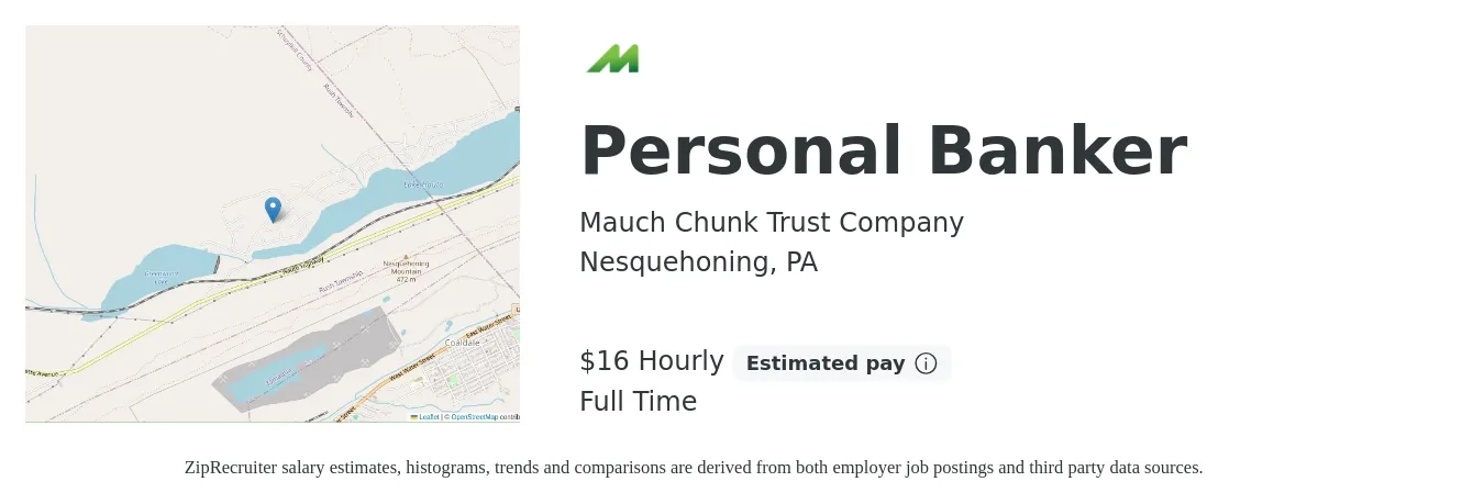Mauch Chunk Trust Company job posting for a Personal Banker in Nesquehoning, PA with a salary of $17 Hourly with a map of Nesquehoning location.
