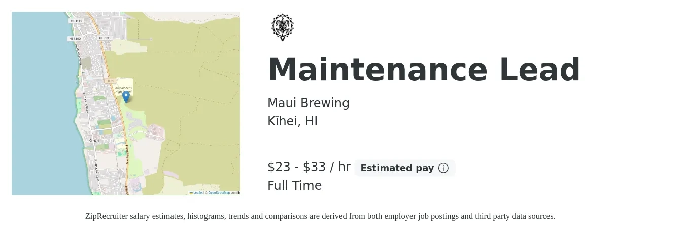 Maui Brewing job posting for a Maintenance Lead in Kīhei, HI with a salary of $24 to $35 Hourly with a map of Kīhei location.