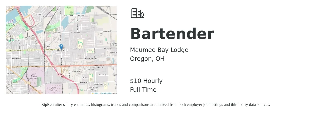 Maumee Bay Lodge job posting for a Bartender in Oregon, OH with a salary of $10 Hourly with a map of Oregon location.