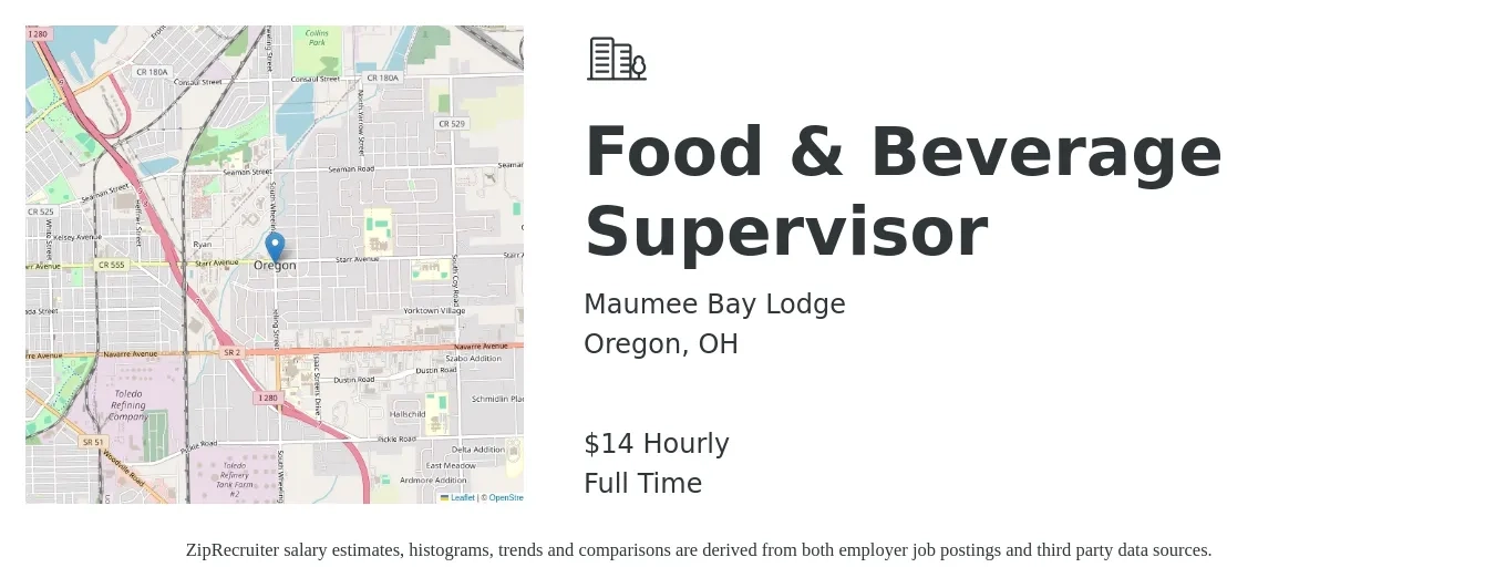 Maumee Bay Lodge job posting for a Food & Beverage Supervisor in Oregon, OH with a salary of $15 Hourly with a map of Oregon location.