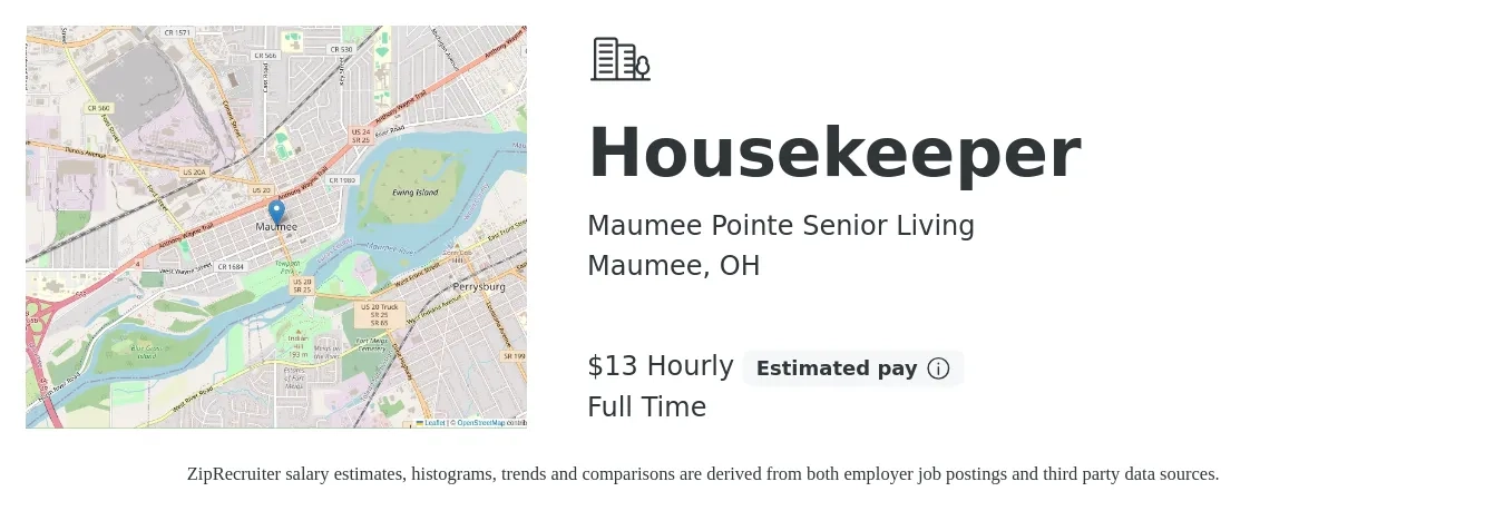 Maumee Pointe Senior Living job posting for a Housekeeper in Maumee, OH with a salary of $14 Hourly with a map of Maumee location.