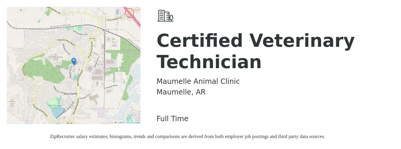Maumelle Animal Clinic job posting for a Certified Veterinary Technician in Maumelle, AR with a salary of $16 to $22 Hourly with a map of Maumelle location.