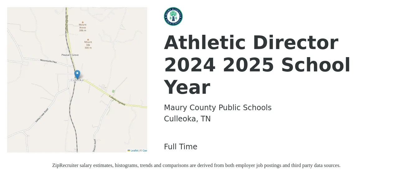 Maury County Public Schools job posting for a Athletic Director 2024 2025 School Year in Culleoka, TN with a salary of $36,100 to $68,700 Yearly with a map of Culleoka location.