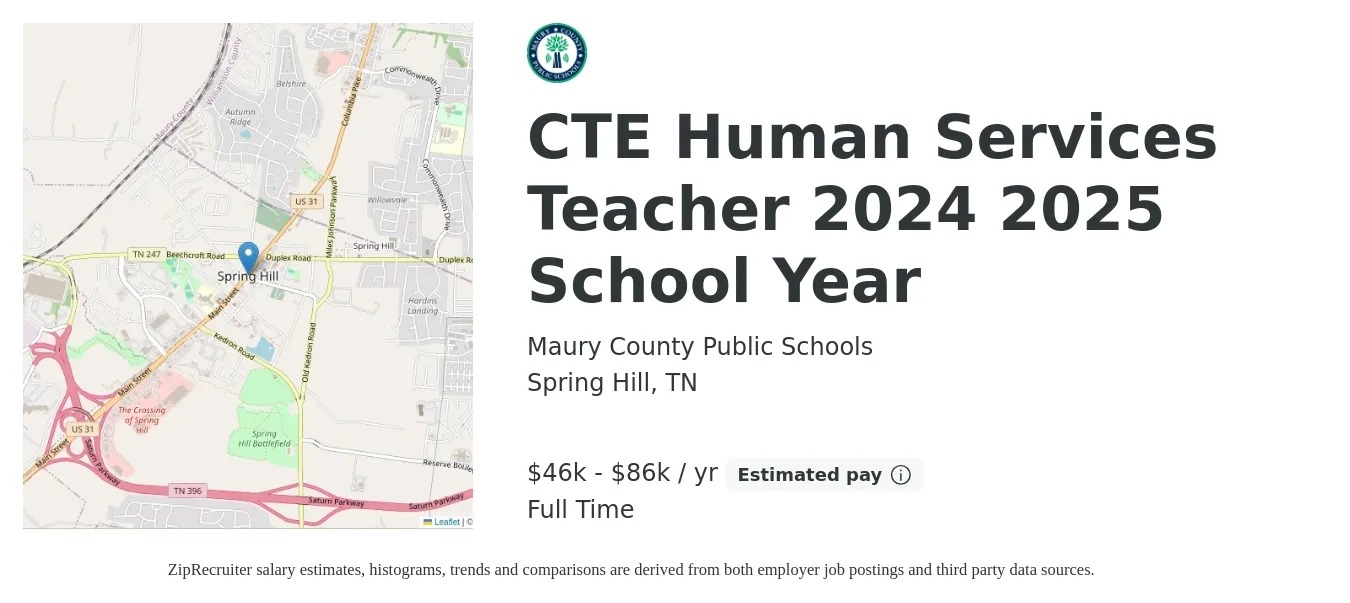 Maury County Public Schools job posting for a CTE Human Services Teacher 2024 2025 School Year in Spring Hill, TN with a salary of $45,079 to $84,015 Yearly with a map of Spring Hill location.