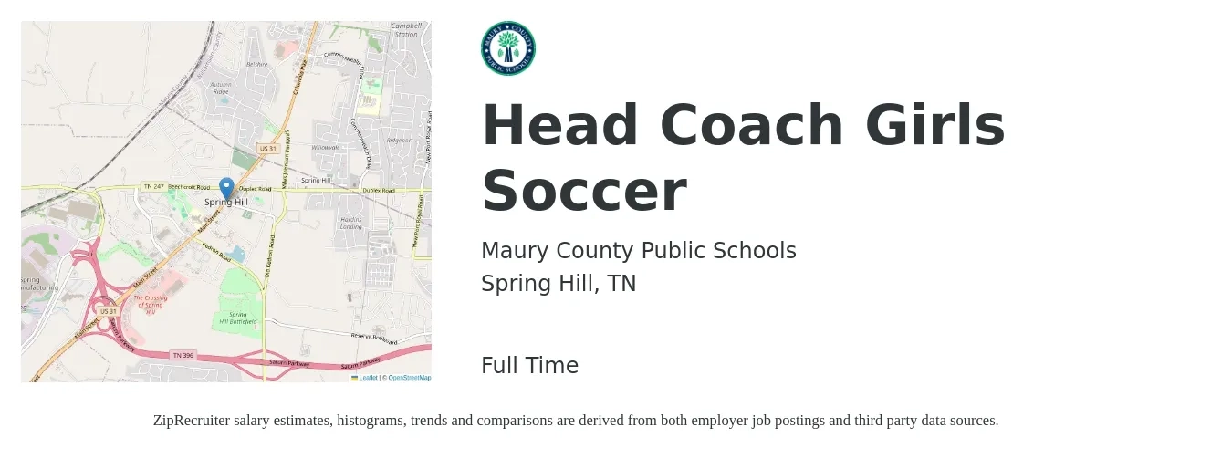 Maury County Public Schools job posting for a Head Coach Girls Soccer in Spring Hill, TN with a salary of $14 to $24 Hourly with a map of Spring Hill location.