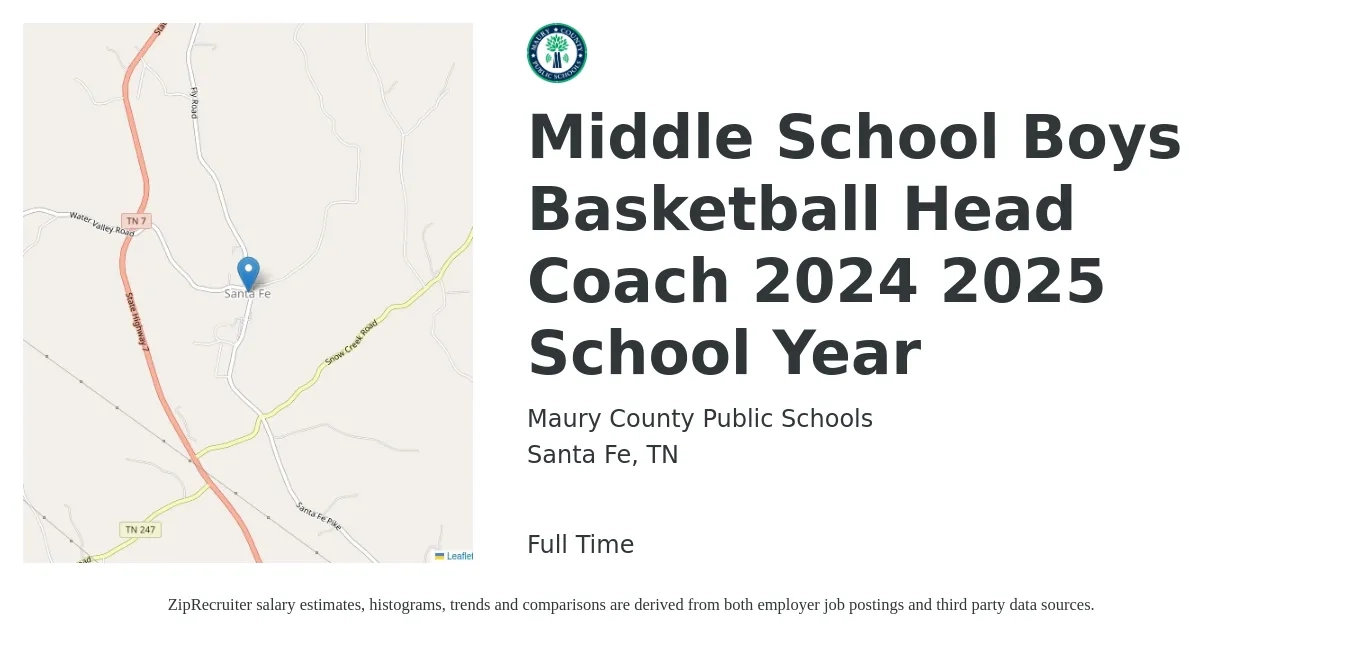 Maury County Public Schools job posting for a Middle School Boys Basketball Head Coach 2024 2025 School Year in Santa Fe, TN with a salary of $14 to $26 Hourly with a map of Santa Fe location.
