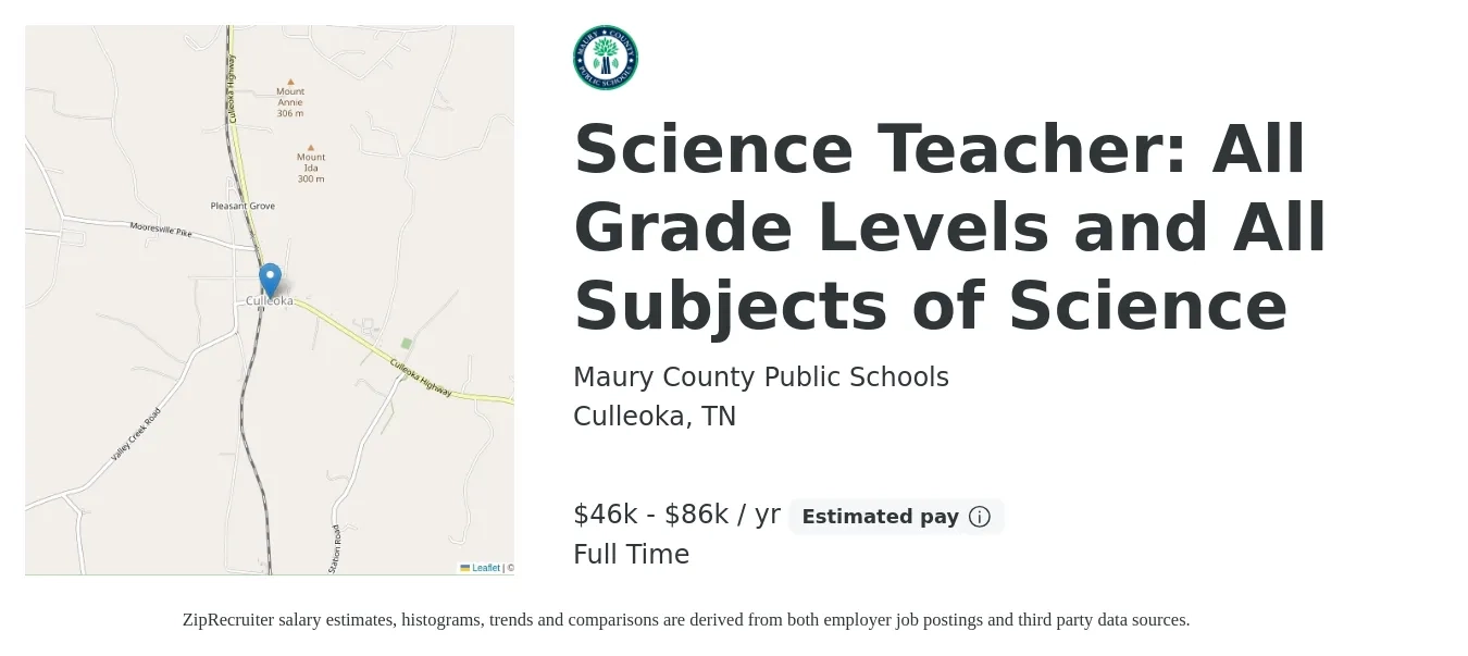 Maury County Public Schools job posting for a Science Teacher: All Grade Levels and All Subjects of Science in Culleoka, TN with a salary of $45,079 to $84,015 Yearly with a map of Culleoka location.