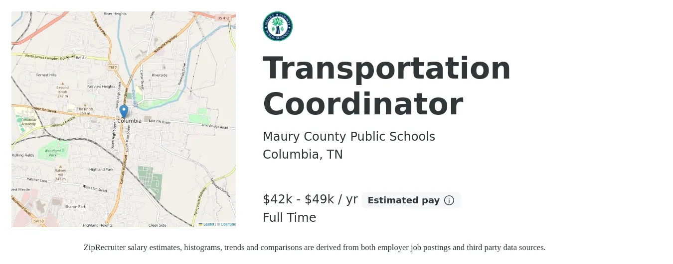 Maury County Public Schools job posting for a Transportation Coordinator in Columbia, TN with a salary of $42,785 to $49,608 Yearly with a map of Columbia location.