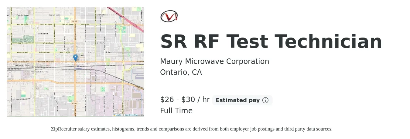 Maury Microwave Corporation job posting for a SR RF Test Technician in Ontario, CA with a salary of $28 to $32 Hourly with a map of Ontario location.