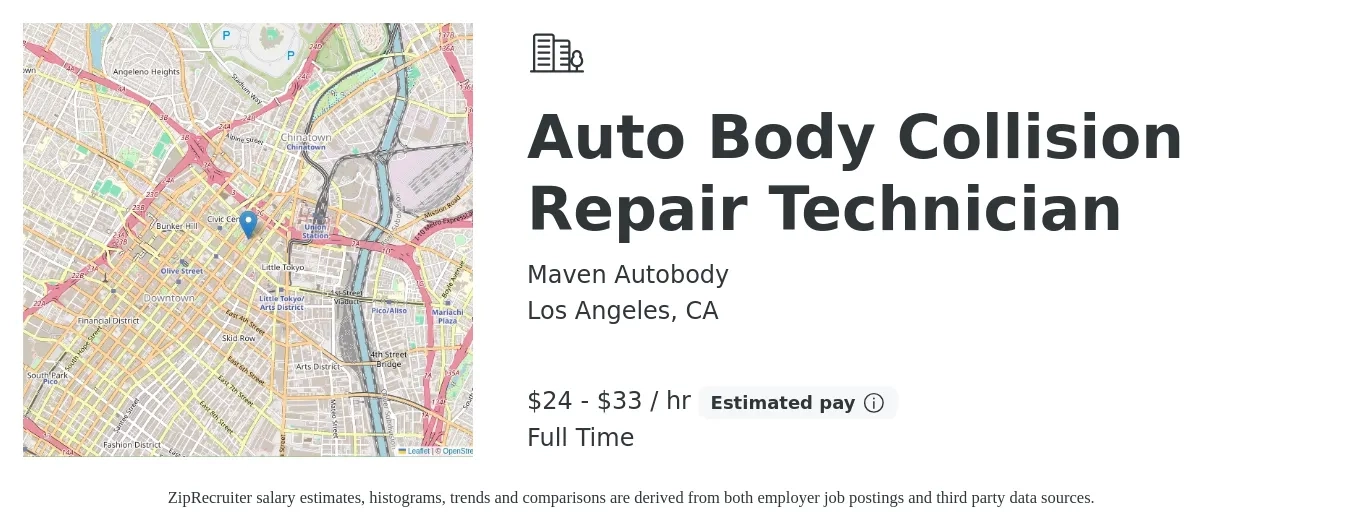 Maven Autobody job posting for a Auto Body Collision Repair Technician in Los Angeles, CA with a salary of $20 to $30 Hourly with a map of Los Angeles location.
