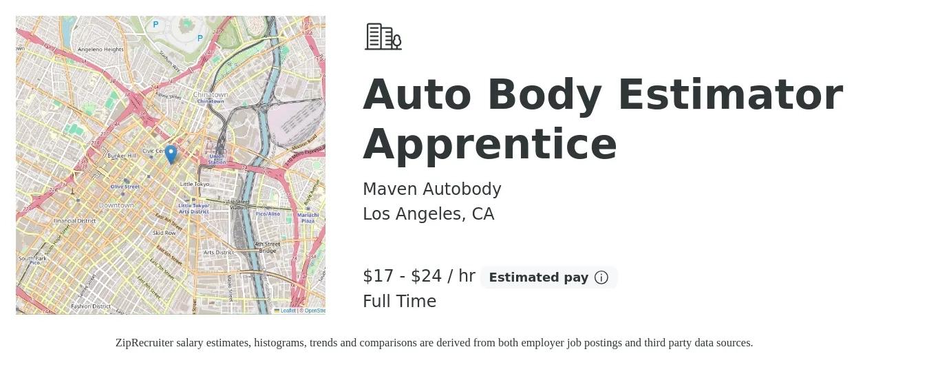 Maven Autobody job posting for a Auto Body Estimator Apprentice in Los Angeles, CA with a salary of $18 to $25 Hourly with a map of Los Angeles location.