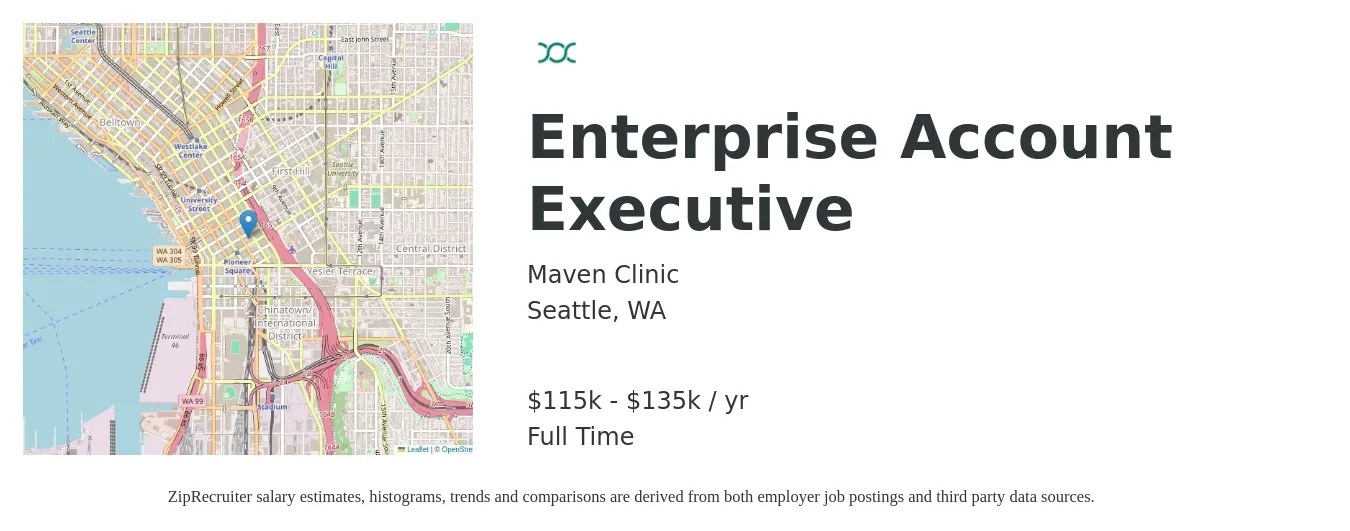 Maven Clinic job posting for a Enterprise Account Executive in Seattle, WA with a salary of $115,000 to $135,000 Yearly with a map of Seattle location.
