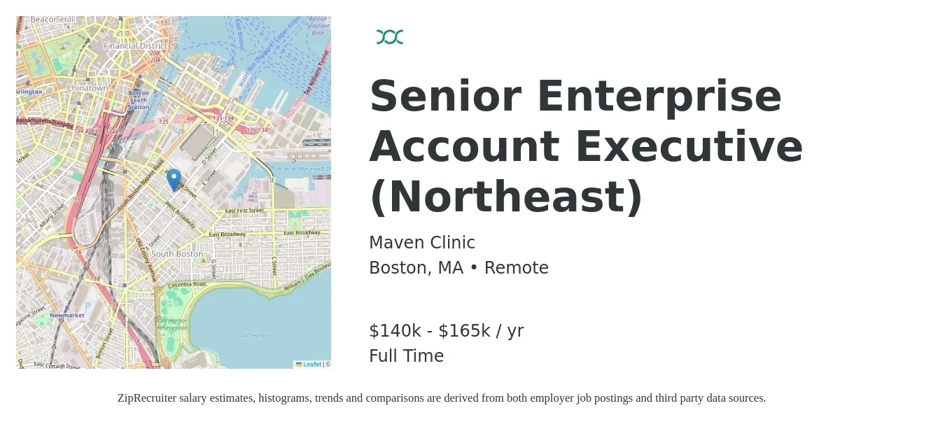 Maven Clinic job posting for a Senior Enterprise Account Executive (Northeast) in Boston, MA with a salary of $140,000 to $165,000 Yearly with a map of Boston location.
