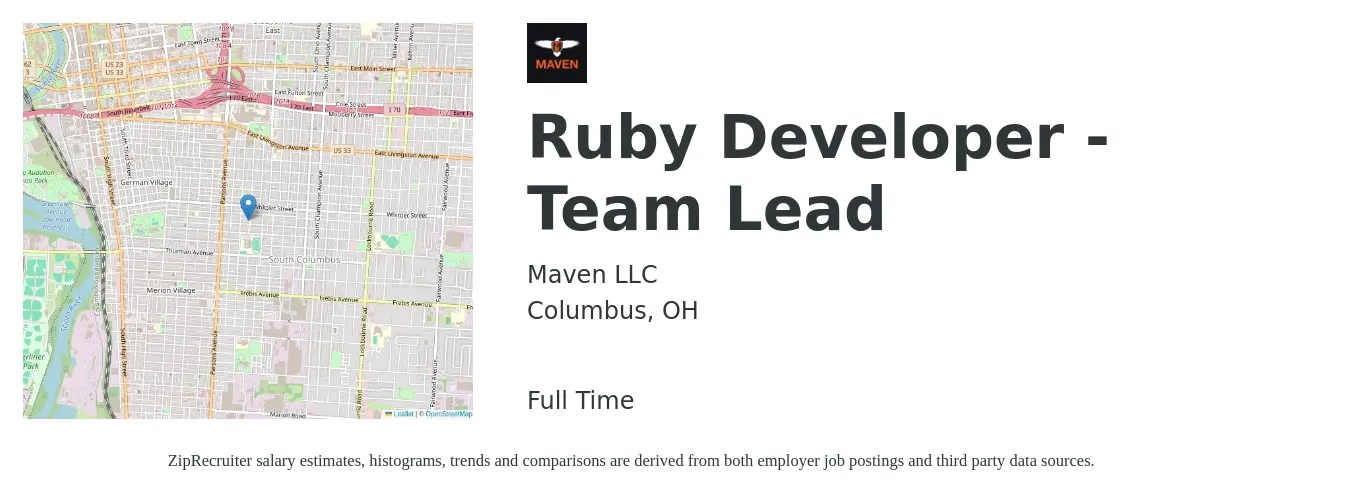 Maven LLC job posting for a Ruby Developer - Team Lead in Columbus, OH with a salary of $130,400 to $153,600 Yearly with a map of Columbus location.