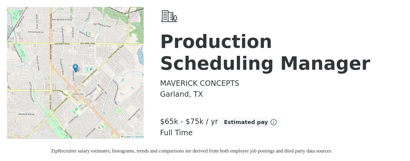 MAVERICK CONCEPTS job posting for a Production Scheduling Manager in Garland, TX with a salary of $65,000 to $75,000 Yearly with a map of Garland location.