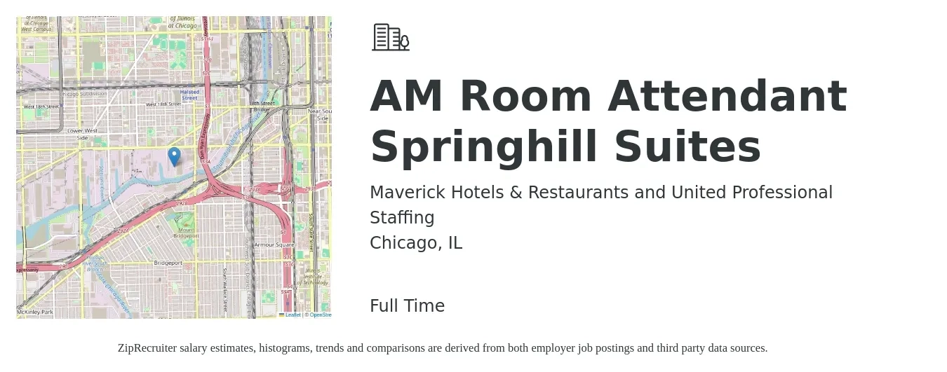 Maverick Hotels & Restaurants and United Professional Staffing job posting for a AM Room Attendant Springhill Suites in Chicago, IL with a salary of $14 to $18 Hourly with a map of Chicago location.