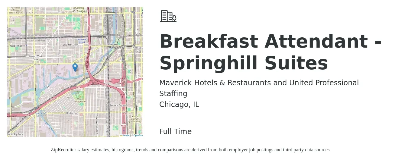 Maverick Hotels & Restaurants and United Professional Staffing job posting for a Breakfast Attendant - Springhill Suites in Chicago, IL with a salary of $14 to $16 Hourly with a map of Chicago location.