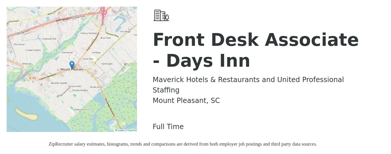 Maverick Hotels & Restaurants and United Professional Staffing job posting for a Front Desk Associate - Days Inn in Mount Pleasant, SC with a salary of $13 to $17 Hourly with a map of Mount Pleasant location.