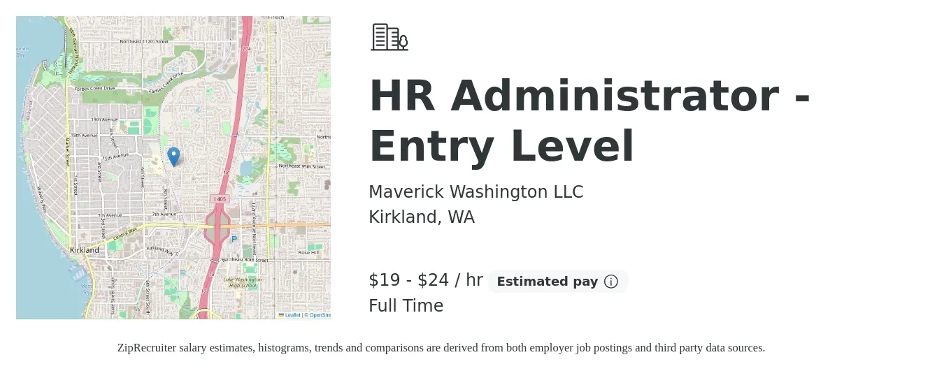 Maverick Washington LLC job posting for a HR Administrator - Entry Level in Kirkland, WA with a salary of $20 to $25 Hourly with a map of Kirkland location.