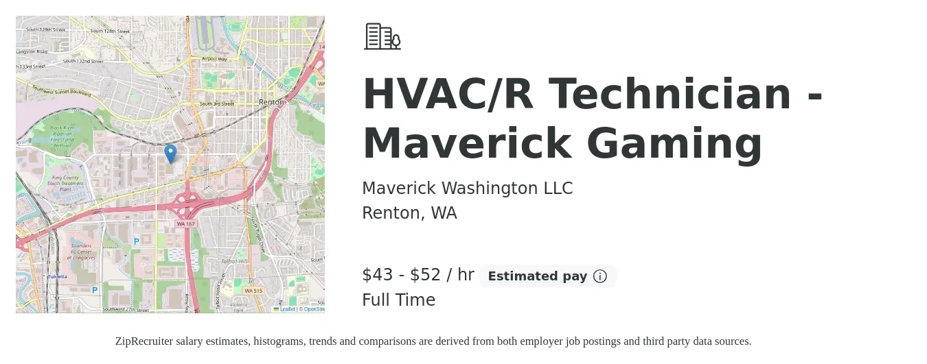 Maverick Washington LLC job posting for a HVAC/R Technician - Maverick Gaming in Renton, WA with a salary of $45 to $55 Hourly with a map of Renton location.