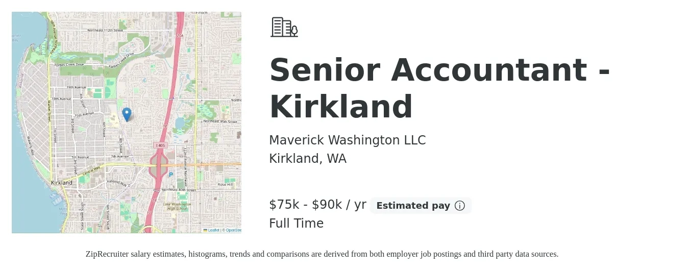 Maverick Washington LLC job posting for a Senior Accountant - Kirkland in Kirkland, WA with a salary of $75,000 to $90,000 Yearly with a map of Kirkland location.