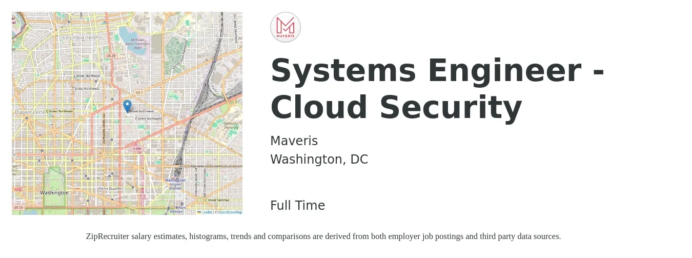 Maveris job posting for a Systems Engineer - Cloud Security in Washington, DC with a salary of $57 to $80 Hourly with a map of Washington location.