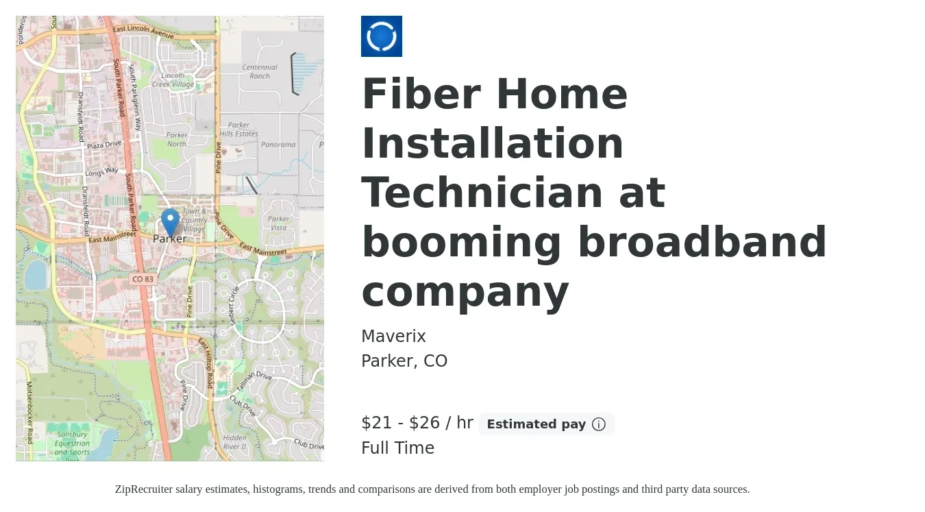Maverix job posting for a Fiber Home Installation Technician at booming broadband company in Parker, CO with a salary of $22 to $28 Hourly with a map of Parker location.