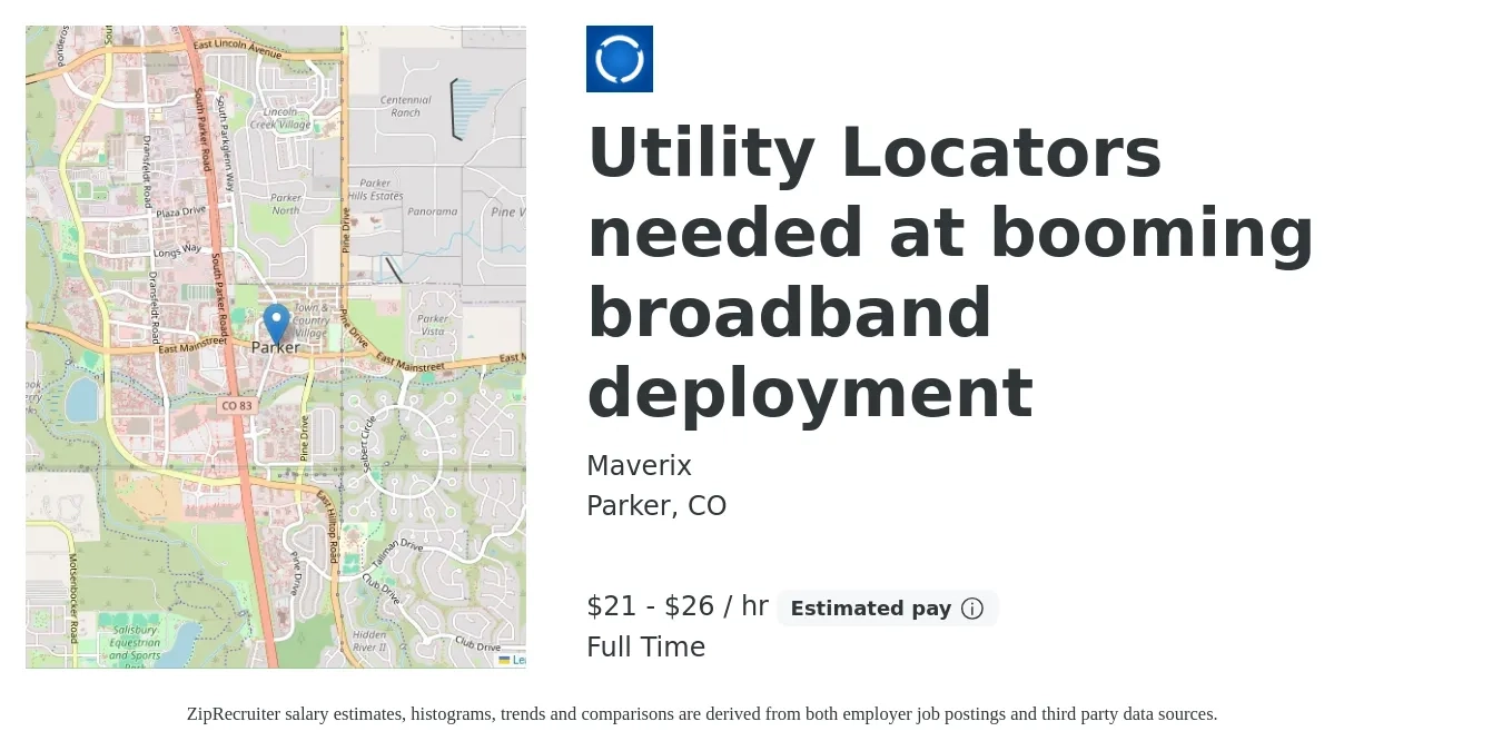 Maverix job posting for a Utility Locators needed at booming broadband deployment in Parker, CO with a salary of $22 to $28 Hourly with a map of Parker location.
