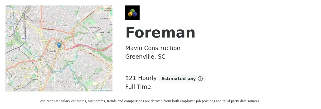 Mavin Construction job posting for a Foreman in Greenville, SC with a salary of $22 Hourly with a map of Greenville location.