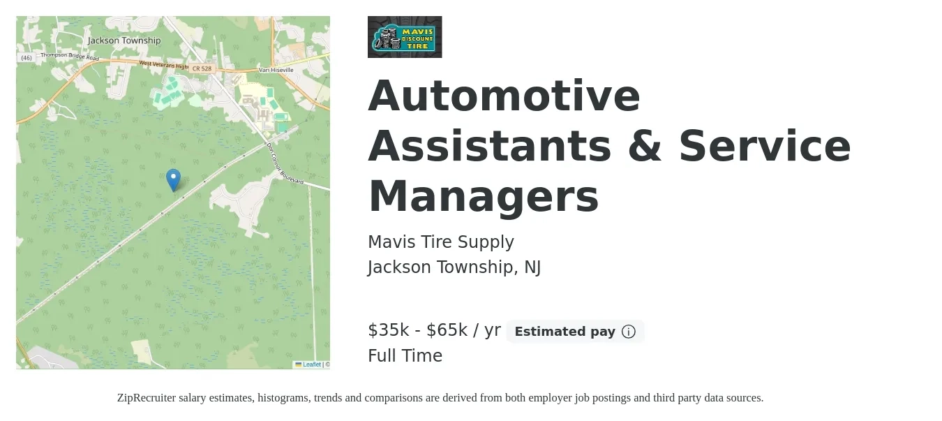 Mavis Tire Supply job posting for a Automotive Assistants & Service Managers in Jackson Township, NJ with a salary of $35,000 to $65,000 Yearly with a map of Jackson Township location.