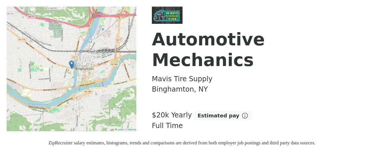 Mavis Tire Supply job posting for a Automotive Mechanics in Binghamton, NY with a salary of $20,000 to $80,000 Yearly with a map of Binghamton location.