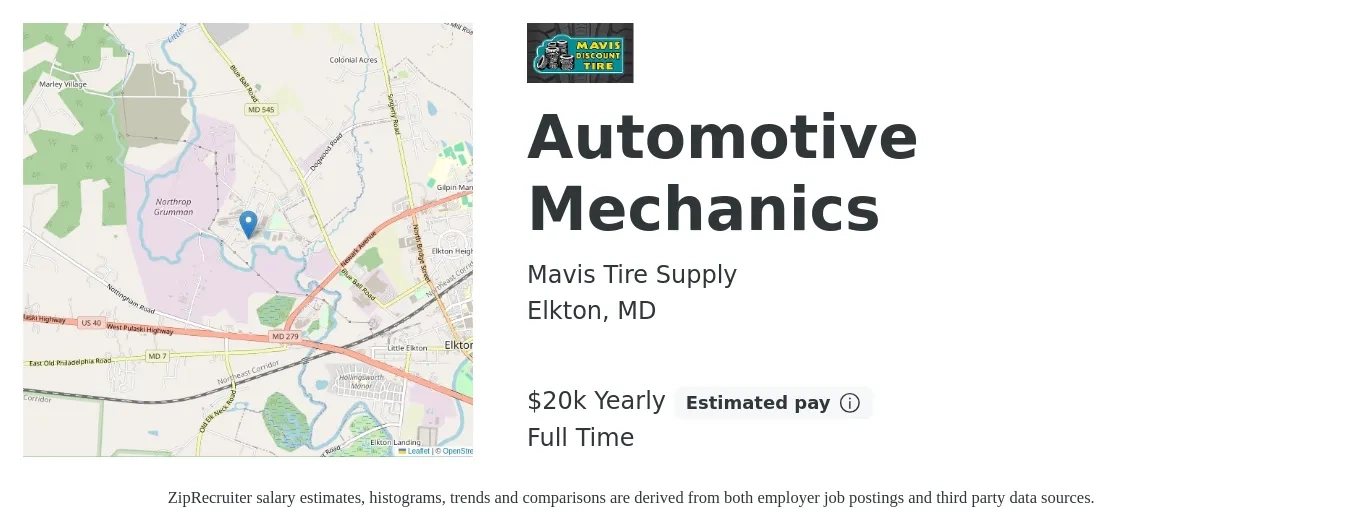 Mavis Tire Supply job posting for a Automotive Mechanics in Elkton, MD with a salary of $20,000 to $80,000 Yearly with a map of Elkton location.