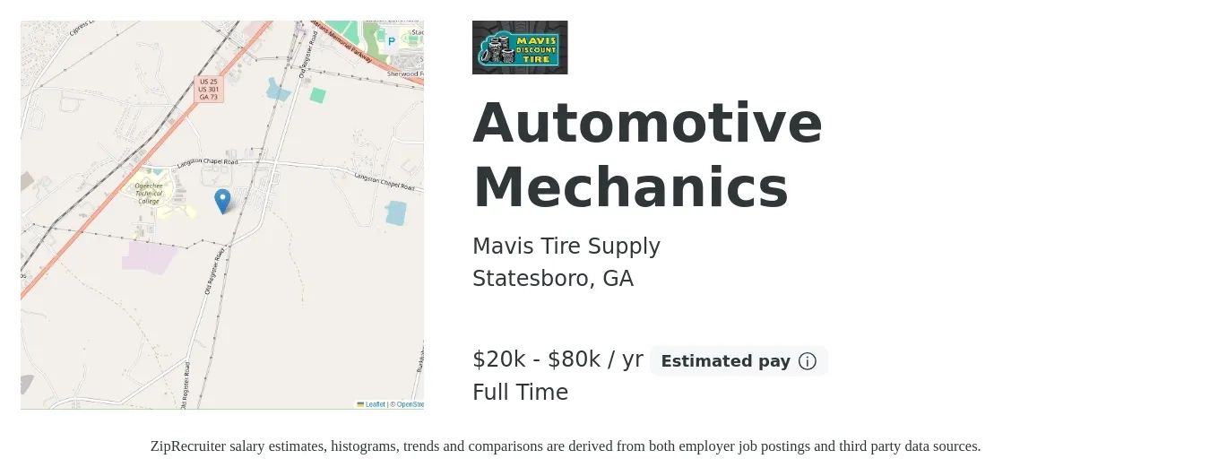 Mavis Tire Supply job posting for a Automotive Mechanics in Statesboro, GA with a salary of $20,000 to $80,000 Yearly with a map of Statesboro location.