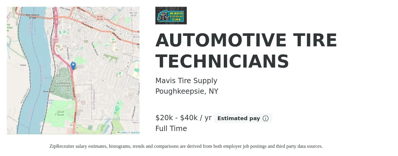 Mavis Tire Supply job posting for a AUTOMOTIVE TIRE TECHNICIANS in Poughkeepsie, NY with a salary of $20,000 to $40,000 Yearly with a map of Poughkeepsie location.
