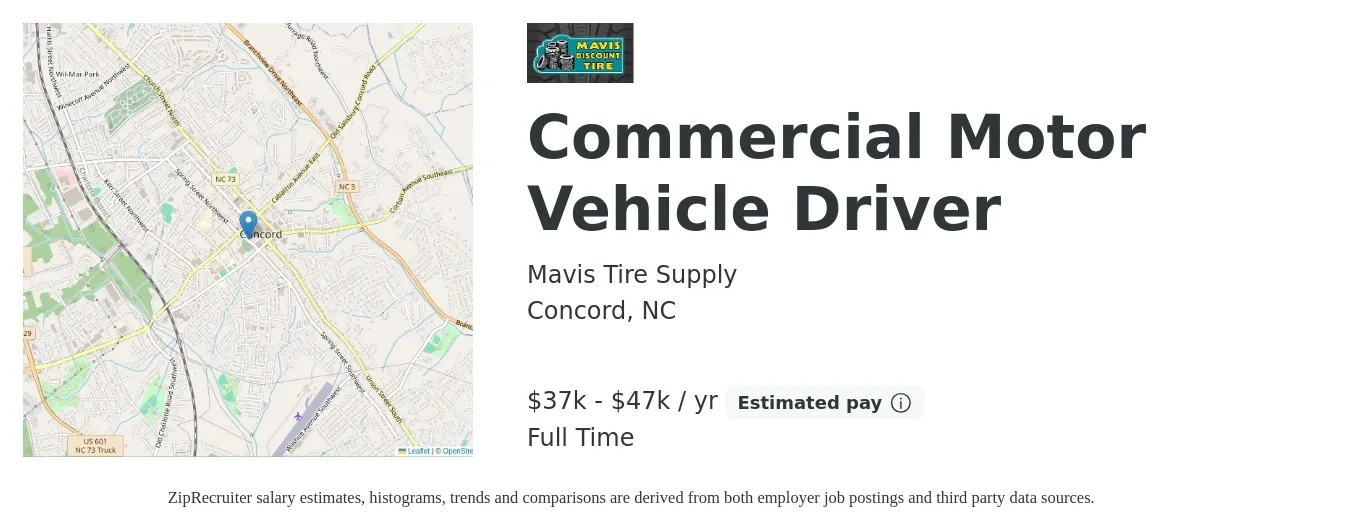 Mavis Tire Supply job posting for a Commercial Motor Vehicle Driver in Concord, NC with a salary of $37,000 to $47,000 Yearly with a map of Concord location.