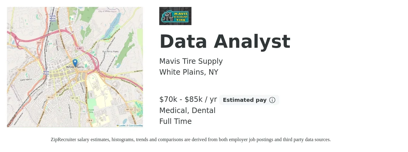 Mavis Tire Supply job posting for a Data Analyst in White Plains, NY with a salary of $70,000 to $85,000 Yearly and benefits including dental, medical, pto, and retirement with a map of White Plains location.