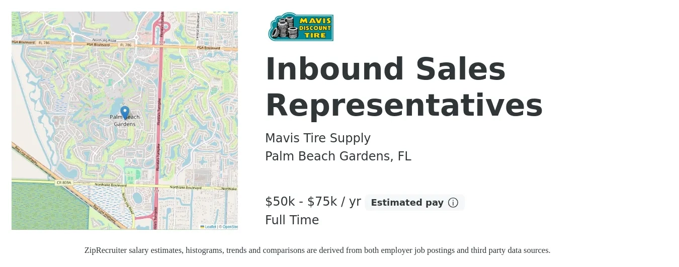 Mavis Tire Supply job posting for a Inbound Sales Representatives in Palm Beach Gardens, FL with a salary of $50,000 to $75,000 Yearly with a map of Palm Beach Gardens location.
