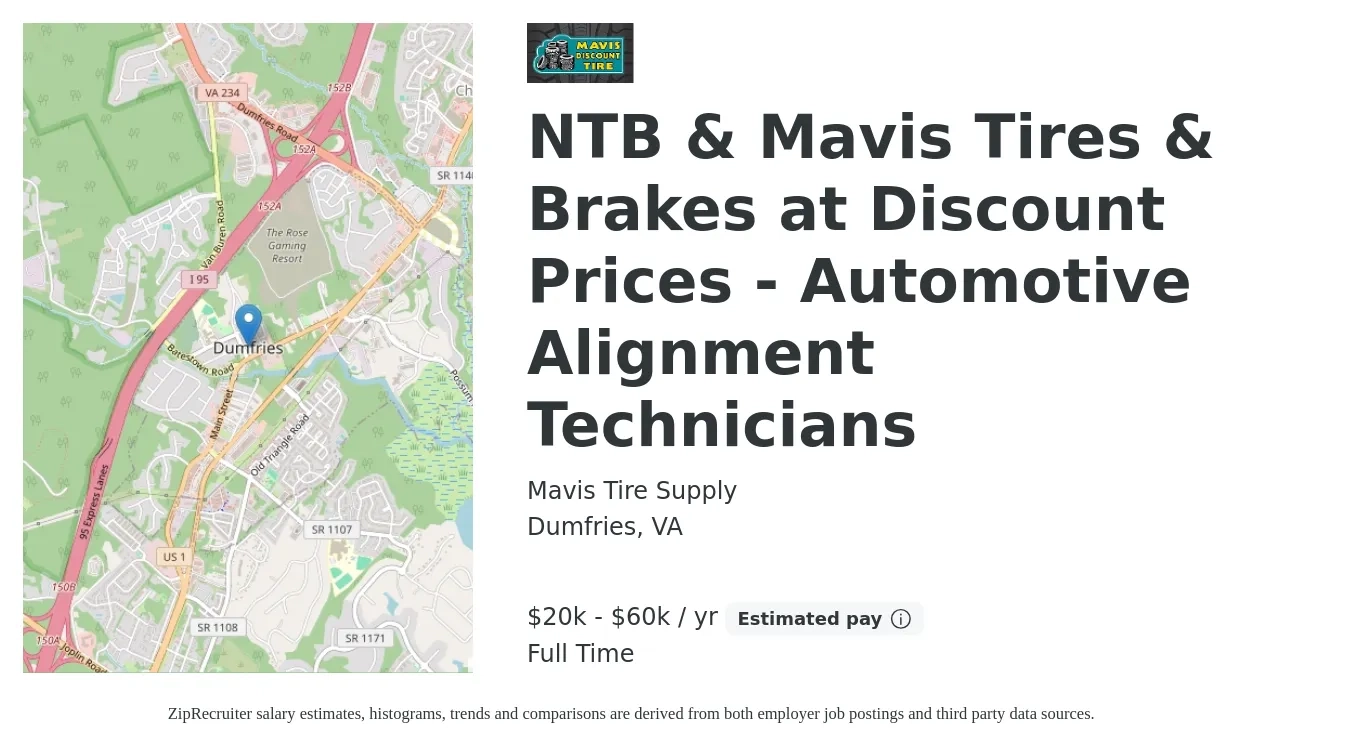Mavis Tire Supply job posting for a NTB & Mavis Tires & Brakes at Discount Prices - Automotive Alignment Technicians in Dumfries, VA with a salary of $20,000 to $60,000 Yearly with a map of Dumfries location.