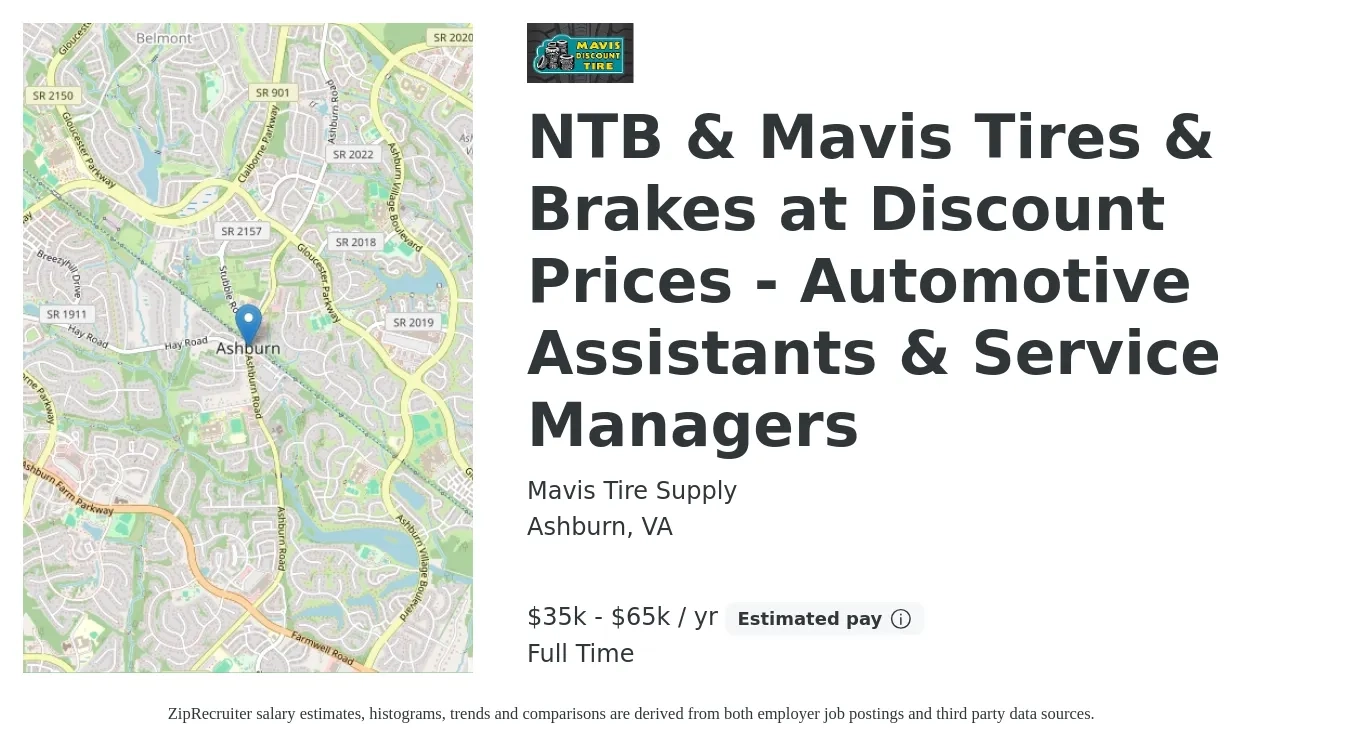 Mavis Tire Supply job posting for a NTB & Mavis Tires & Brakes at Discount Prices - Automotive Assistants & Service Managers in Ashburn, VA with a salary of $35,000 to $65,000 Yearly with a map of Ashburn location.