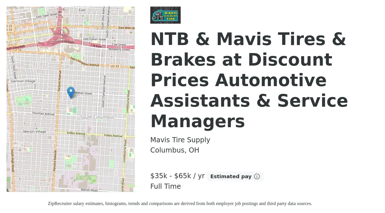 Mavis Tire Supply job posting for a NTB & Mavis Tires & Brakes at Discount Prices Automotive Assistants & Service Managers in Columbus, OH with a salary of $35,000 to $65,000 Yearly with a map of Columbus location.