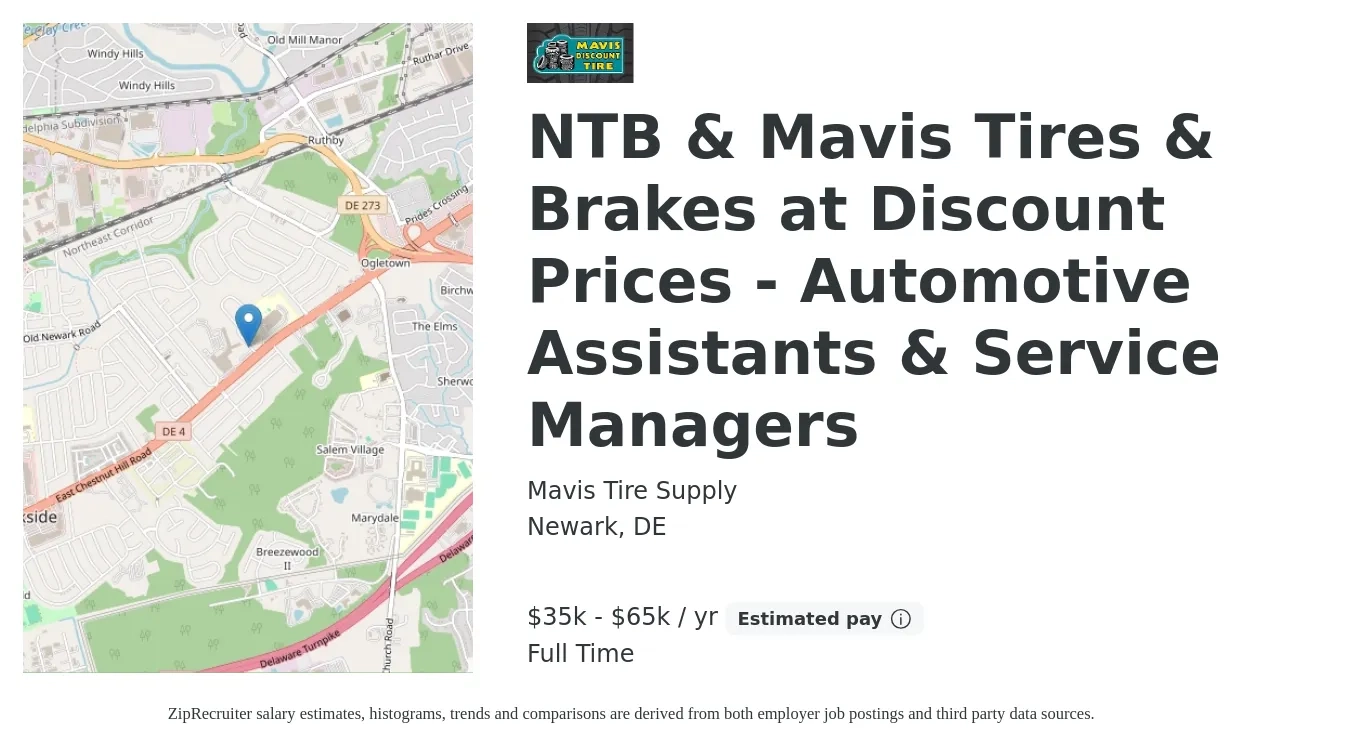 Mavis Tire Supply job posting for a NTB & Mavis Tires & Brakes at Discount Prices - Automotive Assistants & Service Managers in Newark, DE with a salary of $35,000 to $65,000 Yearly with a map of Newark location.
