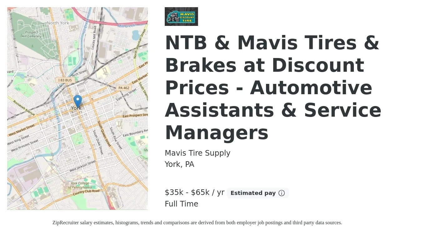 Mavis Tire Supply job posting for a NTB & Mavis Tires & Brakes at Discount Prices - Automotive Assistants & Service Managers in York, PA with a salary of $35,000 to $65,000 Yearly with a map of York location.