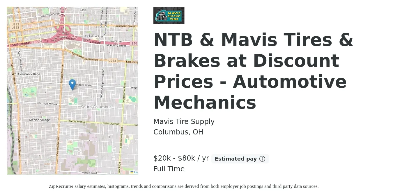 Mavis Tire Supply job posting for a NTB & Mavis Tires & Brakes at Discount Prices - Automotive Mechanics in Columbus, OH with a salary of $20,000 to $80,000 Yearly with a map of Columbus location.
