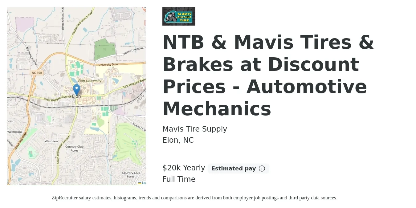 Mavis Tire Supply job posting for a NTB & Mavis Tires & Brakes at Discount Prices - Automotive Mechanics in Elon, NC with a salary of $20,000 to $80,000 Yearly with a map of Elon location.