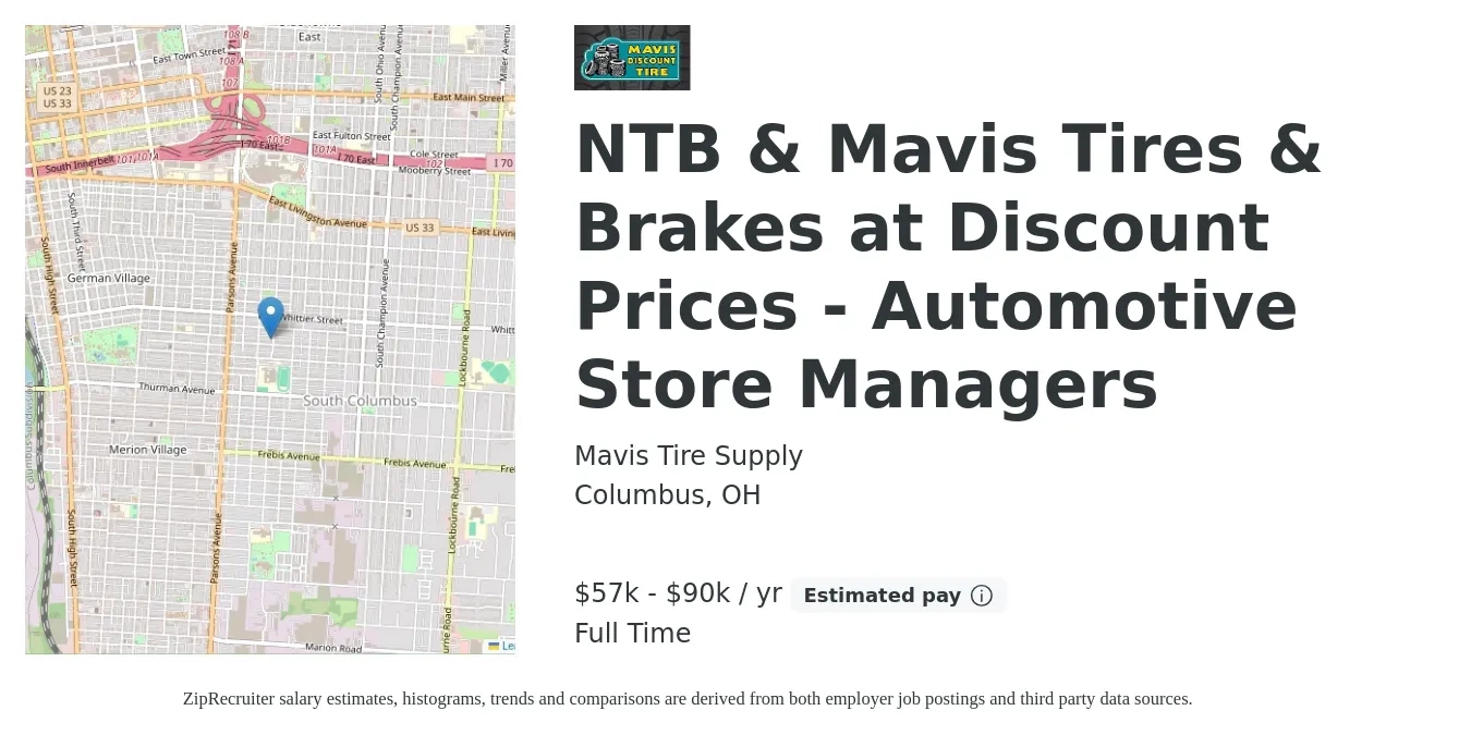 Mavis Tire Supply job posting for a NTB & Mavis Tires & Brakes at Discount Prices - Automotive Store Managers in Columbus, OH with a salary of $57,000 to $90,000 Yearly with a map of Columbus location.