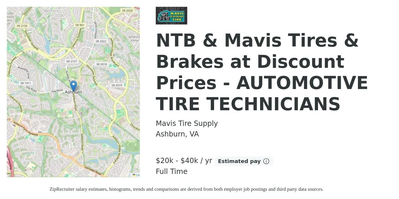 Mavis Tire Supply job posting for a NTB & Mavis Tires & Brakes at Discount Prices - AUTOMOTIVE TIRE TECHNICIANS in Ashburn, VA with a salary of $20,000 to $40,000 Yearly with a map of Ashburn location.