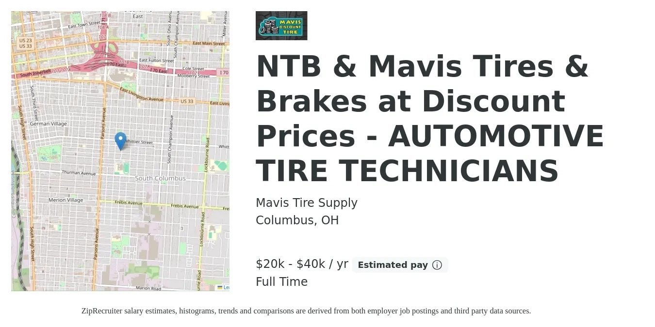 Mavis Tire Supply job posting for a NTB & Mavis Tires & Brakes at Discount Prices - AUTOMOTIVE TIRE TECHNICIANS in Columbus, OH with a salary of $20,000 to $40,000 Yearly with a map of Columbus location.