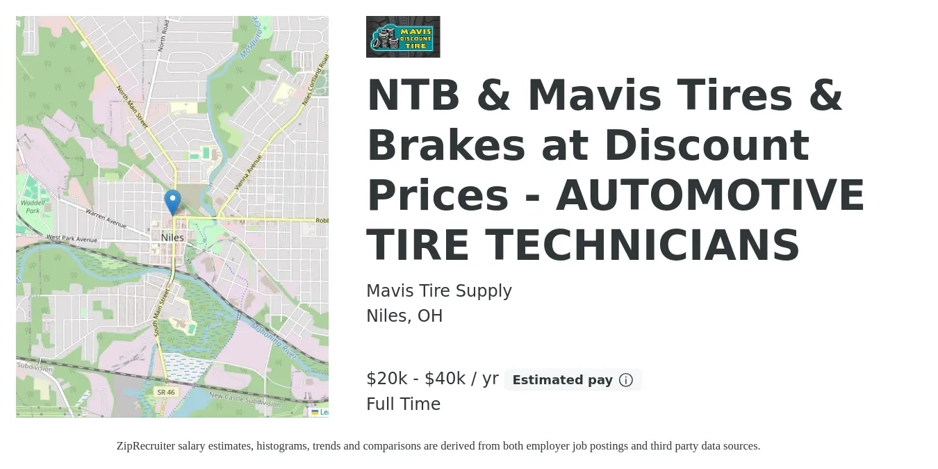 Mavis Tire Supply job posting for a NTB & Mavis Tires & Brakes at Discount Prices - AUTOMOTIVE TIRE TECHNICIANS in Niles, OH with a salary of $20,000 to $40,000 Yearly with a map of Niles location.
