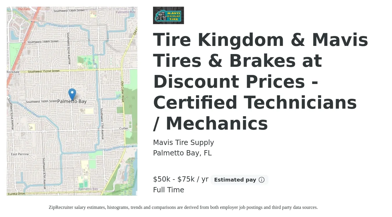 Mavis Tire Supply job posting for a Tire Kingdom & Mavis Tires & Brakes at Discount Prices - Certified Technicians / Mechanics in Palmetto Bay, FL with a salary of $50,000 to $75,000 Yearly with a map of Palmetto Bay location.